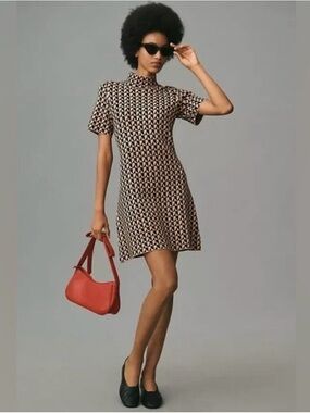 Anthropologie Geometric Print Short Sleeve Mini Dress in Black & Camel NWT